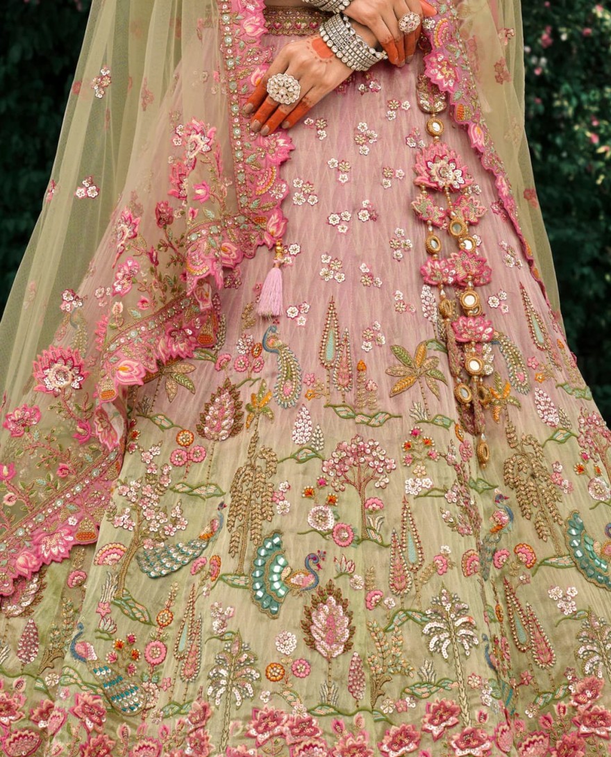 Green - Pistachio Green Fancy Silk Lehenga Choli With Cut Work Embroidery Border & Stone Work